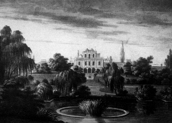 Ogród Botaniczny UJ - widok od strony stawu, rys. J. F. Piwarski, 1834